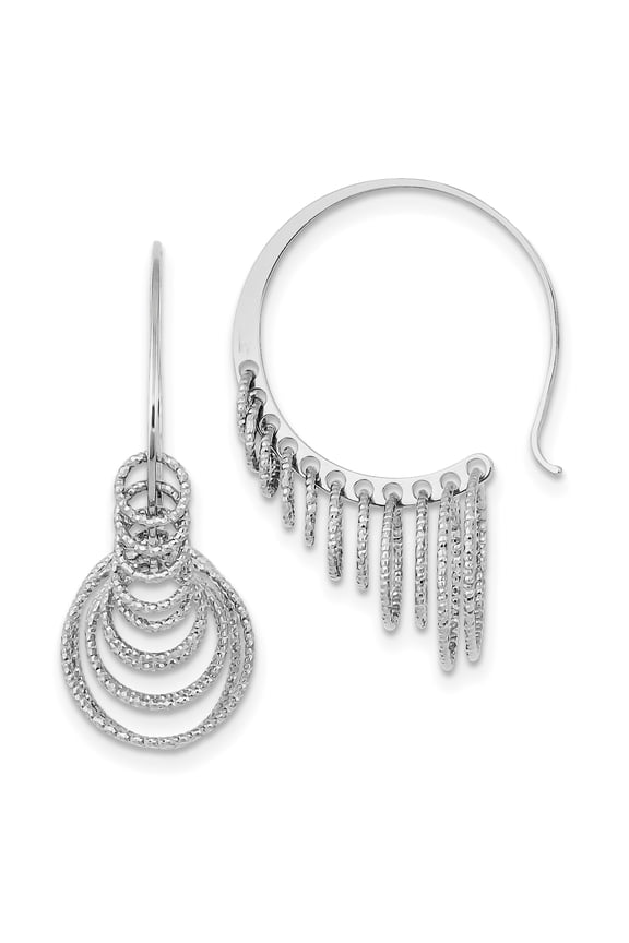Sterling Silver Rhodium Plated Diamond-cut Circles Dangle Hoop Earrings