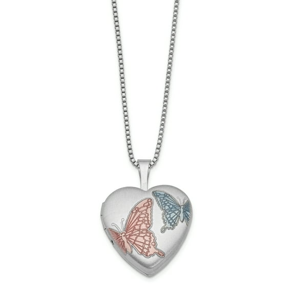 Primal Silver Sterling Silver Rhodium-plated 16mm Enameled Butterfly Heart Locket with 18-inch Box Chain