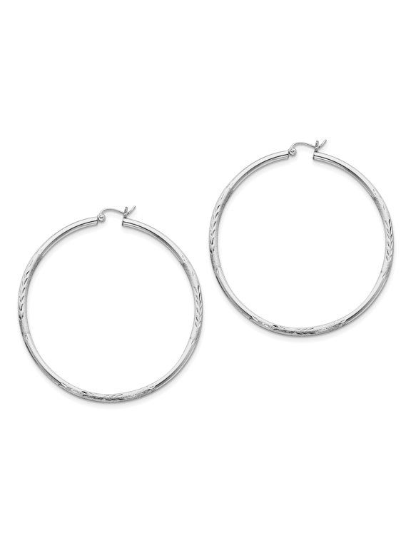 Sterling Silver Rhodium-plated 2.50mm Satin Diamond-cut Hoop Earrings
