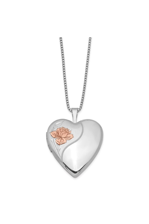 Sterling Silver Rhodium-plated 20mm with Enameled Rose Heart Locket with 18-inch Box Chain