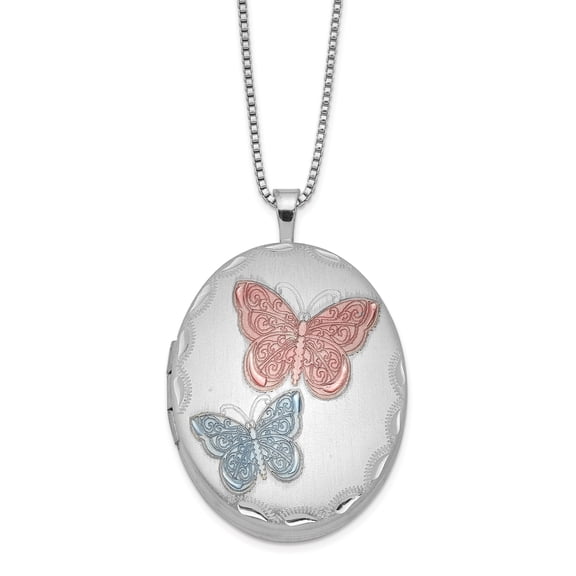Primal Silver Sterling Silver Rhodium-plated 26mm Enameled Butterfly Oval Locket with 18-inch Box Chain