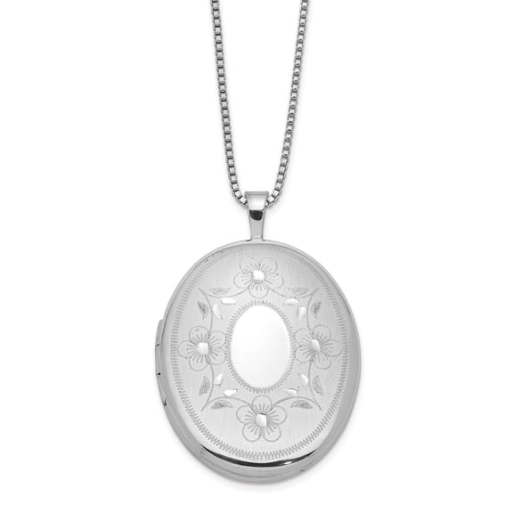 Primal Silver Sterling Silver Rhodium-plated 26mm Oval with Flowers Oval Locket with 18-inch Box Chain