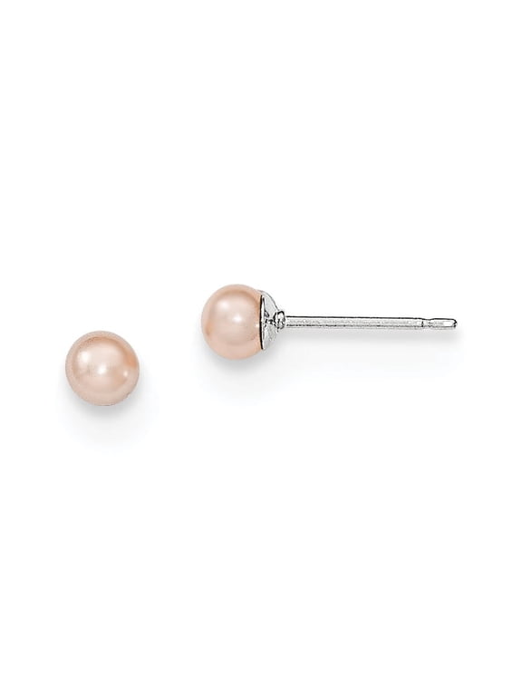 Sterling Silver Rhodium-plated 3-4mm Pink Freshwater Cultured Round Pearl Stud Earrings