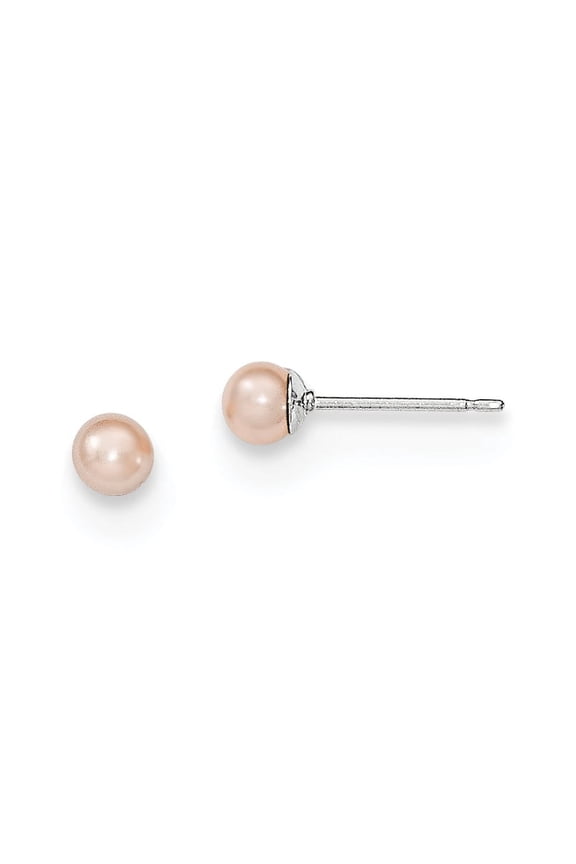 Sterling Silver Rhodium-plated 3-4mm Pink Freshwater Cultured Round Pearl Stud Earrings
