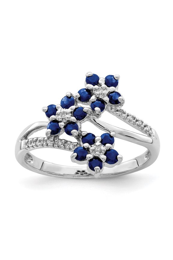 Primal Silver Sterling Silver Rhodium-plated 3 Flower Sapphire and Diamond Ring