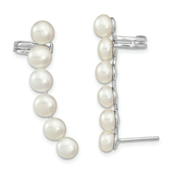Primal Silver Sterling Silver Rhodium-plated 5-6mm White Freshwater Cultured Pearl Ear Climber and Cuff Earrings