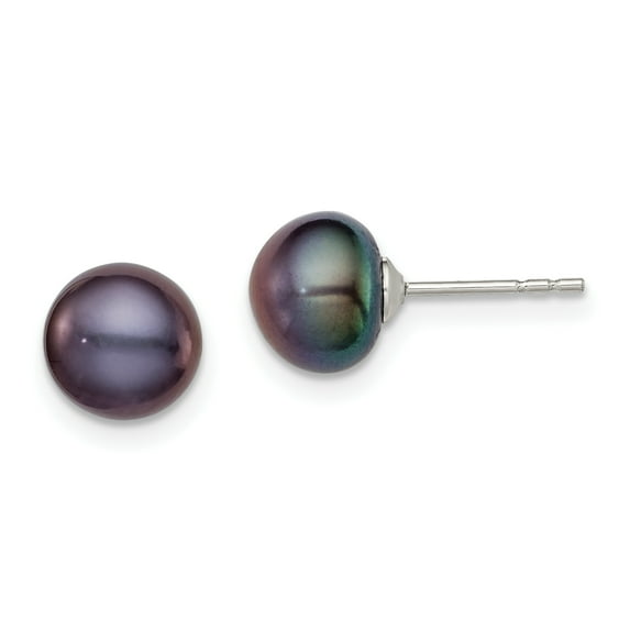 Primal Silver Sterling Silver Rhodium-plated 7-8mm Black Freshwater Cultured Button Pearl Stud Earrings