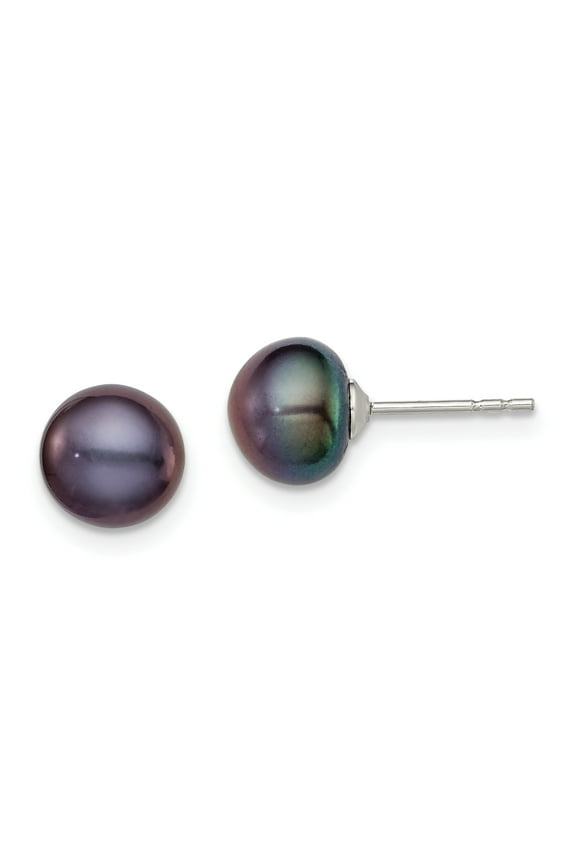 Sterling Silver Rhodium-plated 7-8mm Black Freshwater Cultured Button Pearl Stud Earrings