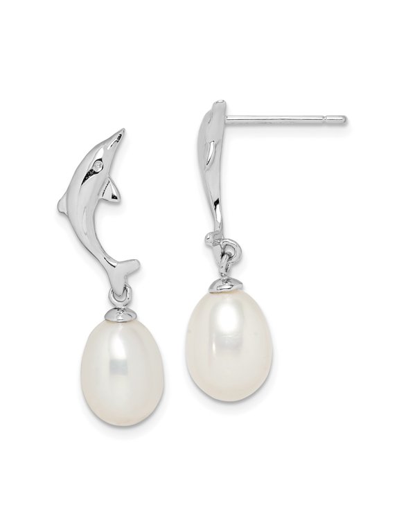 Sterling Silver Rhodium-plated 7-8mm White Rice Freshwater Cultured Pearl Dolphin Earrings