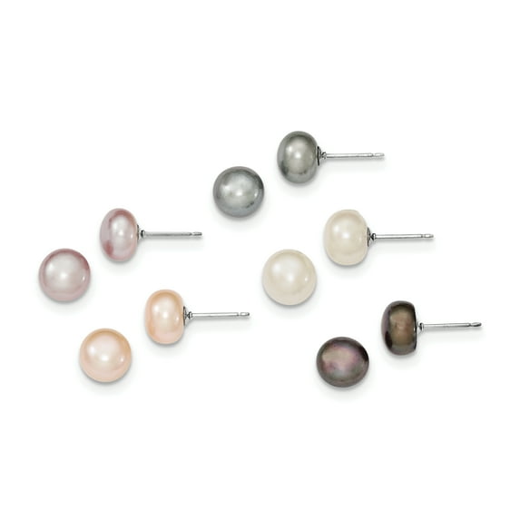 Primal Silver Sterling Silver Rhodium-plated 8-9mm Freshwater Cultured Pearl Button Stud Earring Set