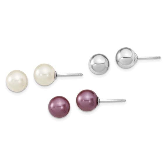 Primal Silver Sterling Silver Rhodium-plated 8-9mm Plum and White Imitation Shell Pearl Post 3 Earring Set