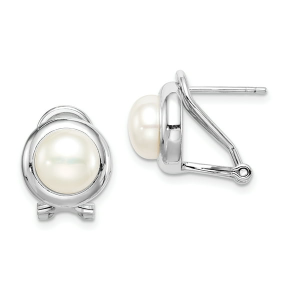 Primal Silver Sterling Silver Rhodium-plated 8-9mm White Button Freshwater Cultured Pearl Omega Clip Earrings