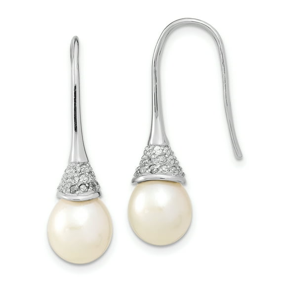 Primal Silver Sterling Silver Rhodium-plated 9-10mm Rice Freshwater Cultured Pearl Cubic Zirconia Dangle Earrings