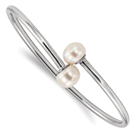 Primal Silver Sterling Silver Rhodium-plated 9-10mm White Freshwater Cultured Pearl Flexible Cuff Bangle
