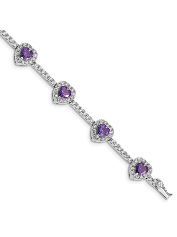 Sterling Silver Rhodium-plated Amethyst and Clear Cubic Zirconia Heart Bracelet