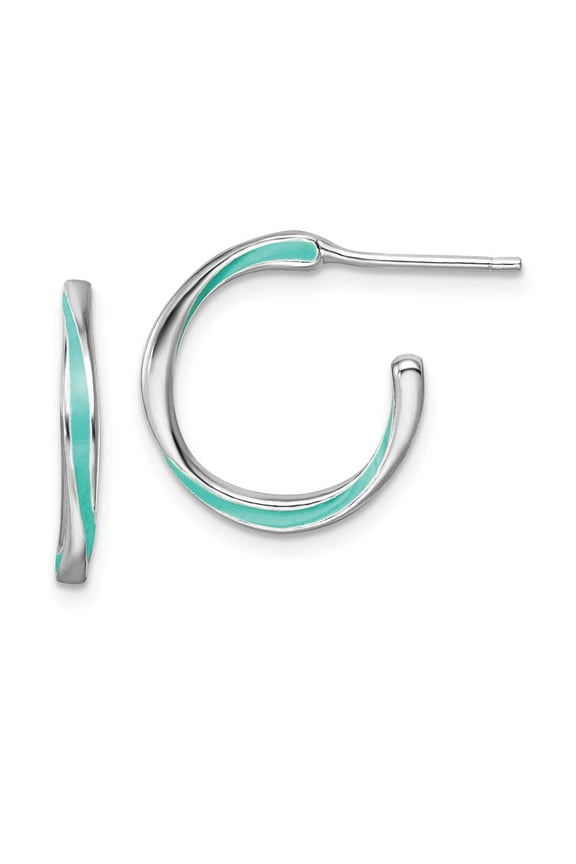 Sterling Silver Rhodium-plated Aqua Enameled Hoop Earrings