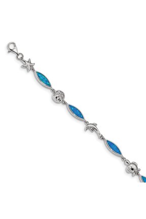 Sterling Silver Rhodium-plated Blue Inlay Created Opal Sea Life Bracelet