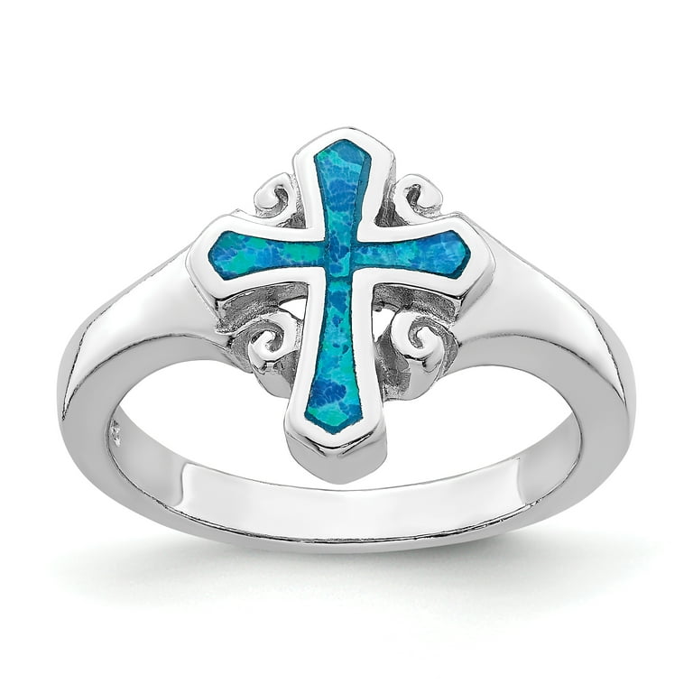Sterling Silver Blue Created Opal Inlay Cross Ring Sterling Silver Blue Created Opal Inlay Cross Ring