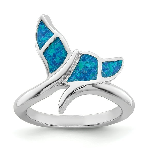 Primal Silver Sterling Silver Rhodium-plated Blue Inlay Lab Created Opal Whale Tail Ring