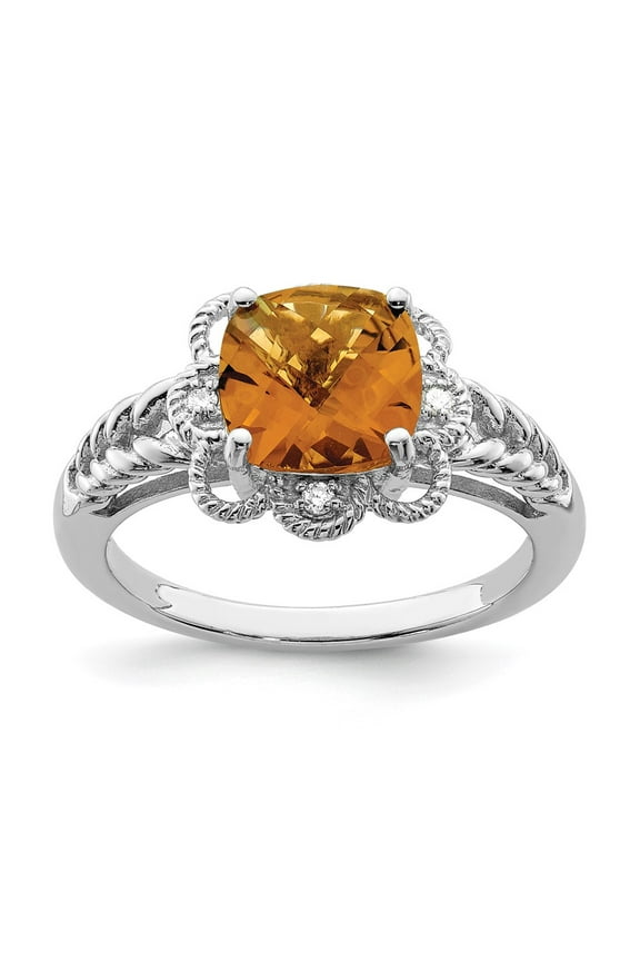 Sterling Silver Rhodium-plated Checker-Cut Whiskey Quartz and Diamond Ring