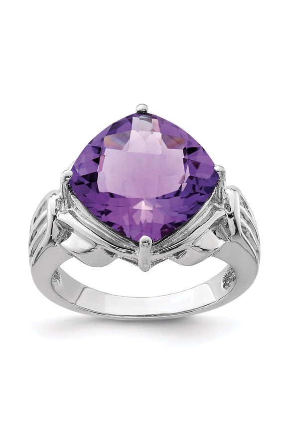 Sterling Silver Rhodium-plated Checker-cut Amethyst Ring
