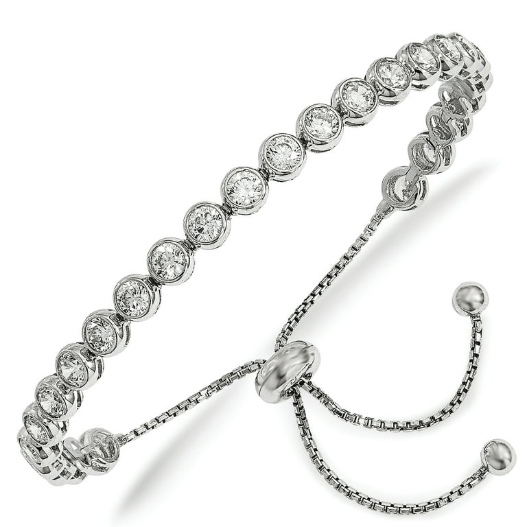 Curb Chain Bracelet with Cubic Zirconia Rhodium on Sterling Silver, Adjustable Curb Chain Bracelet with Cubic Zirconia Rhodium on Sterling Silver, Adjustable