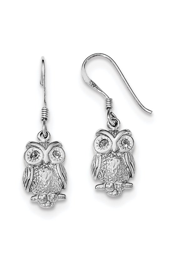 Sterling Silver Rhodium-plated Cubic Zirconia Owl Shepherd Hook Earrings