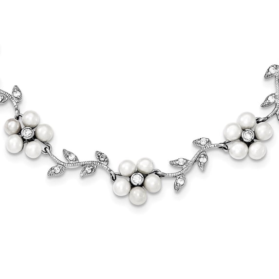 Primal Silver Sterling Silver Rhodium-plated Freshwater Cultured Pearl and Cubic Zirconia Floral Necklace