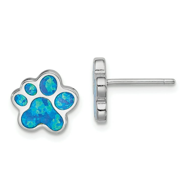 Sterling Silver Created Blue Opal Inlay Paw Print Post Stud Earrings Sterling Silver Created Blue Opal Inlay Paw Print Post Stud Earrings