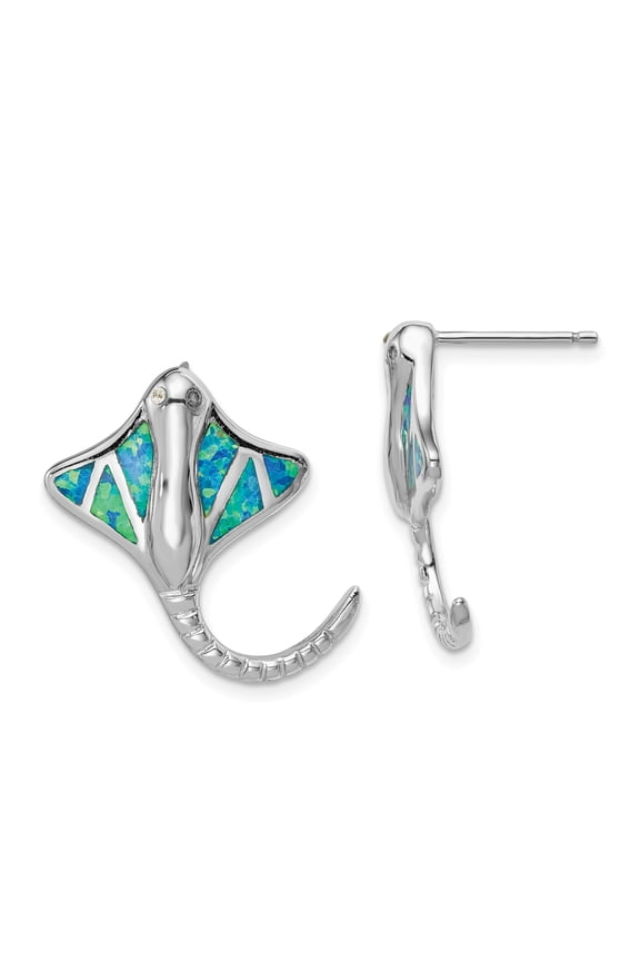 Sterling Silver Rhodium-plated Lab Created Blue Opal Stingray Post Earrings
