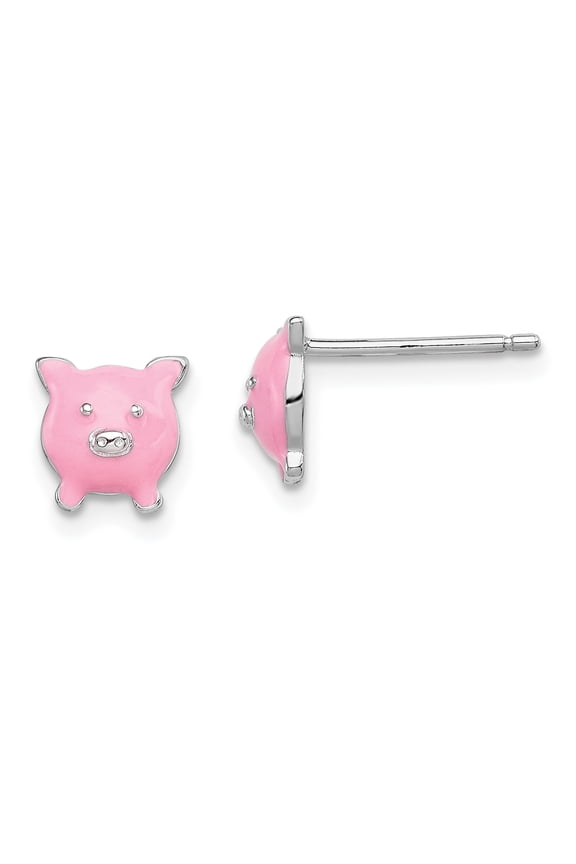 Sterling Silver Rhodium-plated Madi K Enamel Pig Post Earrings