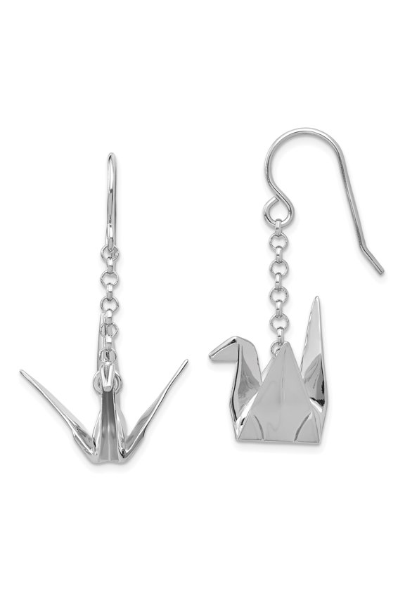 Sterling Silver Rhodium-plated Origami Crane Dangle Earrings