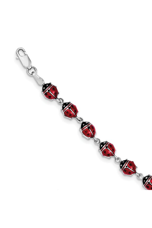 Sterling Silver Rhodium-plated Polished Enameled Lady Bug Bracelet