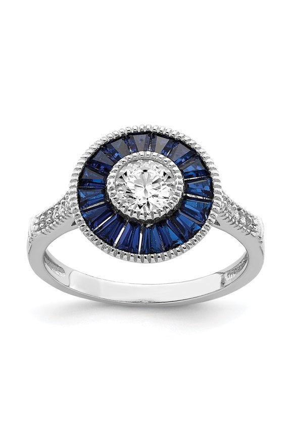 Sterling Silver Rhodium-plated Synthetic Blue Spinel and Cubic Zirconia Ring