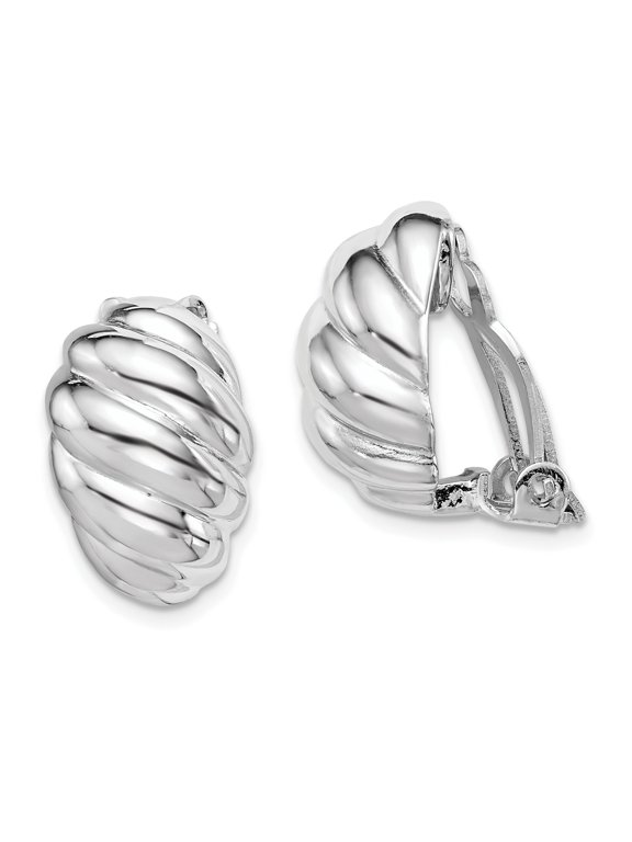 Sterling Silver Rhodium-plated Weaved Oval Clip On Earrings