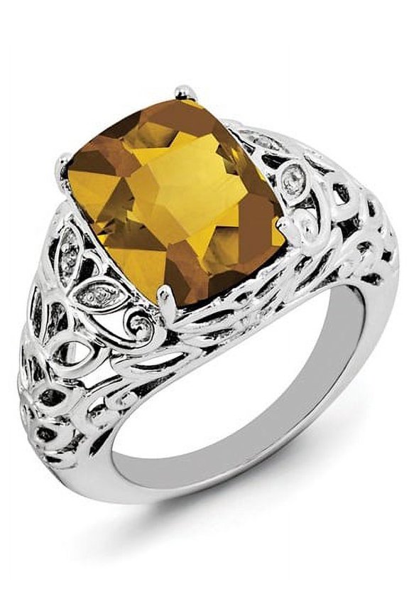 Sterling Silver Rhodium-plated Whiskey Quartz and Diamond Ring