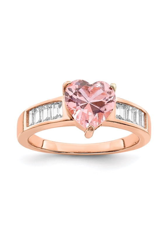 Sterling Silver Rose Gold-plated Crystal Heart and White Cubic Zirconia Baguette Ring