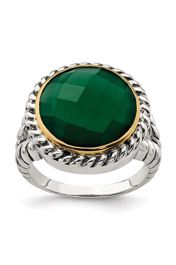 Sterling Silver with 14 Karat Yellow Gold Round Green Onyx Ring