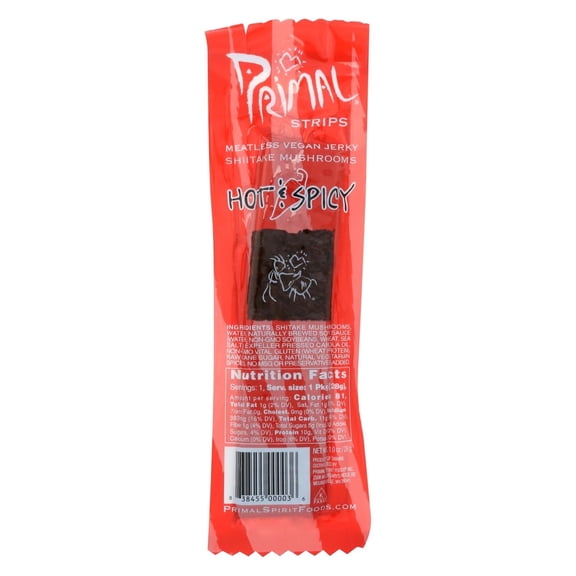 Primal Spirit Foods Primal Strips Meatless Vegan Jerky Hot & Spicy 1 oz Pack of 3