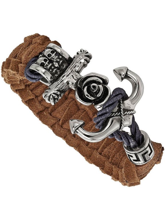 Primal Steel Stainless Steel Antiqued Brown Leather Anchor Toggle Bracelet