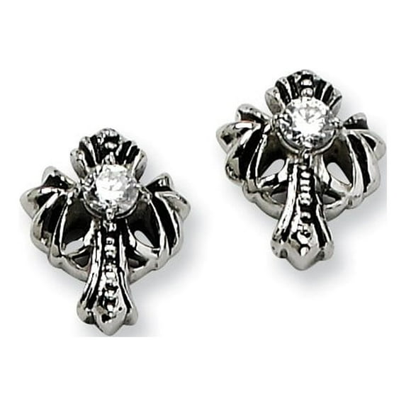 Primal Steel Stainless Steel Antiqued Cross with CZ Post Earrings