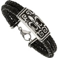 thumbnail image 1 of Primal Steel Stainless Steel Antiqued and Fleur De Lis Black Leather Bracelet, 1 of 6
