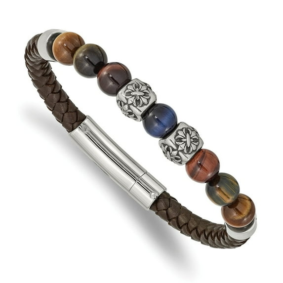 Primal Steel Stainless Steel Antiqued and Polished MultiColor Tiger's Eye Leather Bracelet
