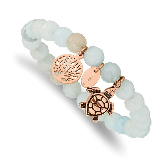 Primal Steel Stainless Steel Antiqued and Polished Rose IP-plated Blue and Grey Dyed Jade Bracelet