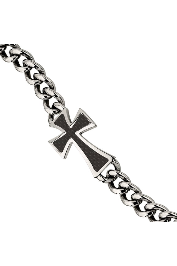 Primal Steel Stainless Steel Black Carbon Fiber Inlay Cross 8.5in Bracelet