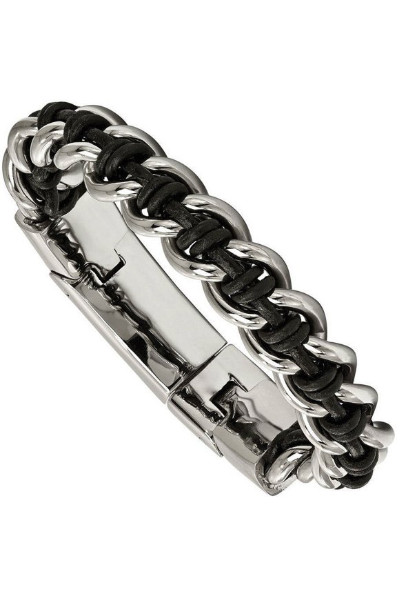 Primal Steel Stainless Steel Black Leather 8.5in Bracelet