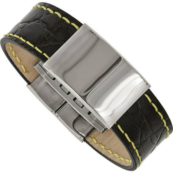Primal Steel Stainless Steel Black Leather/Yellow Stitch 8.5in ID Bracelet