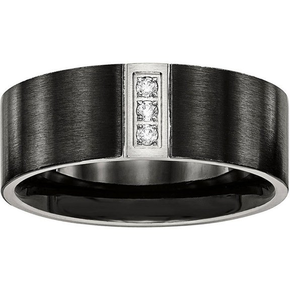 Primal Steel Stainless Steel Brushed Black IP Flat Three CZ Ring