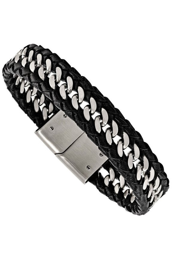 Primal Steel Stainless Steel Brushed Black Leather 8.5in Bracelet