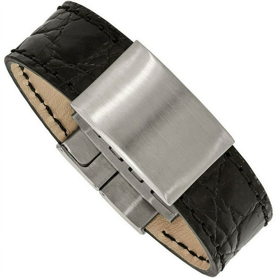 Primal Steel Stainless Steel Brushed Black Leather 8.5in ID Bracelet